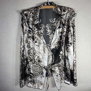 Anewsta Mesh Ruffle Tunic Top Size XL Tie Front Animal Print Long Sleeves